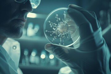 Scientist examines malaria virus on petri dish in laboratory, conceptual image - Powered by Adobe
