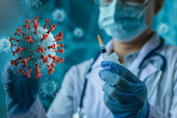 Doctor or scientist with a stethoscope holding COVID-19 vaccine, measles, coronavirus vaccine shot for diseases outbreak vaccination, vaccine Concept fight against virus covid-19 corona virus