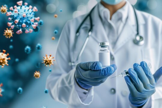 Doctor or scientist with a stethoscope holding COVID-19 vaccine, measles, coronavirus vaccine shot for diseases outbreak vaccination, vaccine Concept fight against virus covid-19 corona virus