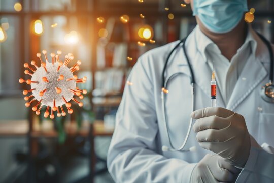 Doctor or scientist with a stethoscope holding COVID-19 vaccine, measles, coronavirus vaccine shot for diseases outbreak vaccination, vaccine Concept fight against virus covid-19 corona virus