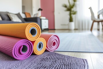 An image of multi-colored fitness mats lying in a modern apartment. Suitable for use in advertising banners, magazine covers, fitness products and services. Healthy lifestyle. Short workouts