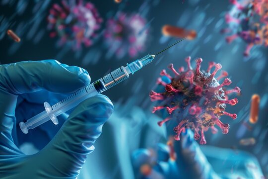 vaccine Concept fight against virus covid-19 corona virus, doctor or scientist in laboratory holding a syringe with liquid vaccines for children or older adults, diseases, medical care, science. - Powered by Adobe