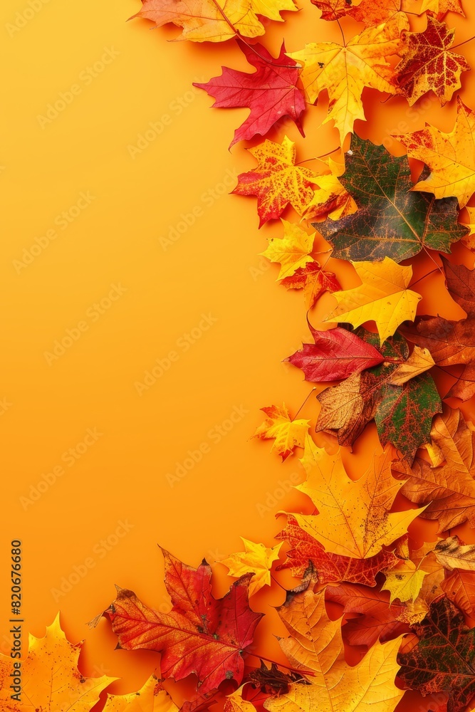 Aufkleber overhead view of fall leaves on orange backdrop with ample space for text placement