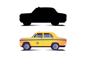 Kolkata yellow taxi. side view of an Indian yellow color taxi and silhouette 