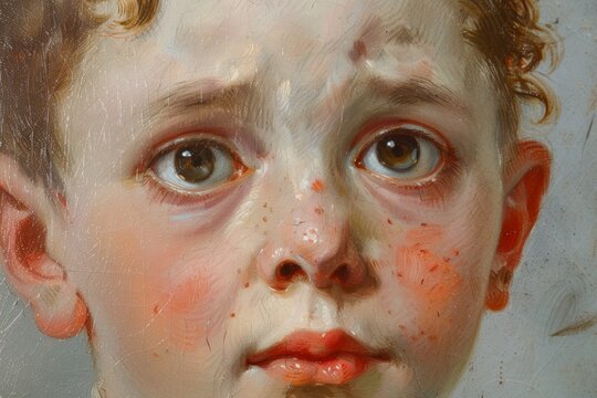 Boy with red cheeks- diathesis or allergy symptoms. Redness and peeling of the skin on the face.