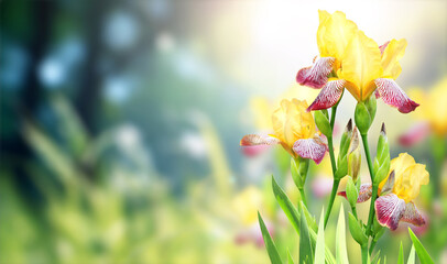 Iris flowers on sunny beautiful nature spring background. Horizontal backdrop with summer scene with iris flowers of maroon and yellow color. Copy space for text. Mock up template