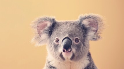Fototapeta premium A baby koala is standing on a tree branch and looking at the camera