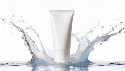 Container white cream tube and water splashes on white background. Wellness and body treatment promo
