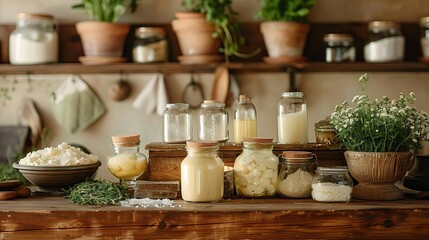 Different types of cooking fats like tallow, butter, and coconut oil in jars and dishes, displayed on a rustic kitchen counter with fresh herbs, cozy and inviting, photorealistic