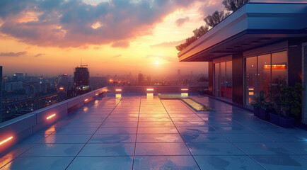 A nice rooftop. beautiful luxury rooftop with panoramic view of the city. Generative AI.
