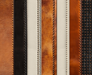Horizontal or vertical background with leather belts of black, brown and light beige color. Collection of belts with decorative borders and  rivets