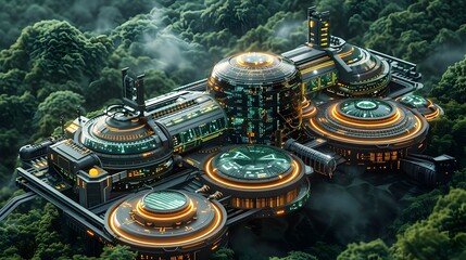 Futuristic Energy Monitoring Station Surrounded by Lush Green Landscape with Intricate Digital Interfaces and Dynamic Energy Flow