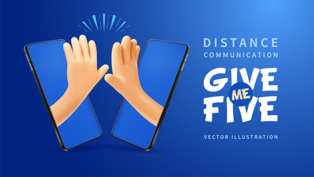 Two friends giving a high five using messenger or chat on smartphones. 3d Concept of friendship, communication, teamwork, agreement, online conference and distance communications. Vector illustration