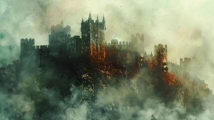 Majestic Ancient Castle Stands Tall Amidst a Misty,Magical Landscape Shrouded in Atmospheric Wonder