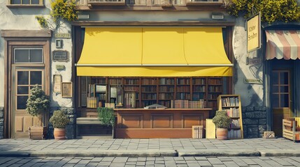A simple, blank yellow banner across the front of a quaint bookshop in a small town, inviting and...