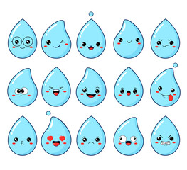 Collection of water drop emoticon with different mood. Set of cute cartoon droplet with emoji faces in different expressions - happy, sad, cry, fear, crazy. Vector illustration EPS8