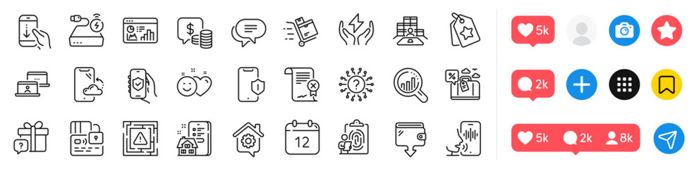Inventory, Scroll down and Coins line icons pack. Social media icons. Wallet, Inventory cart, Smile web icon. Property agency, Maze attention, Question mark pictogram. Fingerprint, Safe energy. Vector