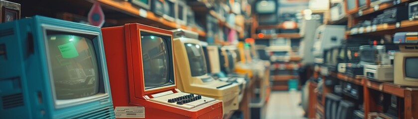 A colorful row of vintage computers in a cluttered electronics store, showcasing retro technology and nostalgia in a narrow aisle.