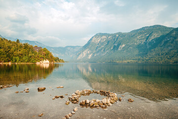 Lake Bohinj in Triglav national park in Slovenia, scenic landscape in summer morning