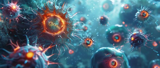 Digital illustration of microscopic viruses. Glowing bacteria and cells under a microscope. Viral activity in a blue and red fantasy setting.
