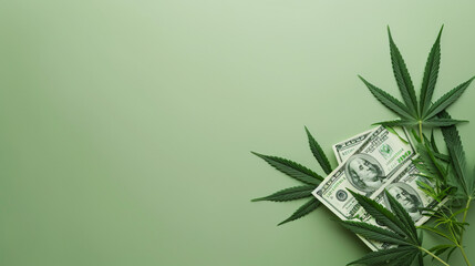 Cannabis leaf and dollar banknotes on green background