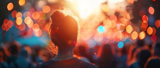 Photograph of a person at a vibrant music festival with colorful bokeh lights in the background, capturing the festive and lively atmosphere.