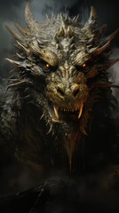 A detailed view of a dragons menacing expression featuring sharp horns and teeth