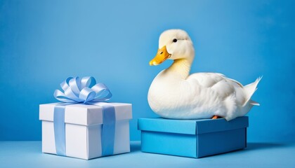 a duck with present and bow on blue background, promotion concept.