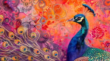 Stunning Side View of a Majestic Peacock with Iridescent Feathers Against a Vibrant Patterned Watercolor Background