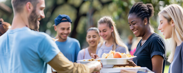 Group of Volunteers Engaging in Community Service by Handing Out Food
