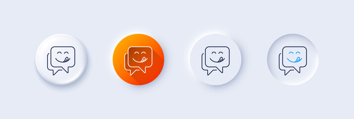 Yummy smile line icon. Neumorphic, Orange gradient, 3d pin buttons. Emoticon with tongue sign. Speech bubble symbol. Line icons. Neumorphic buttons with outline signs. Vector