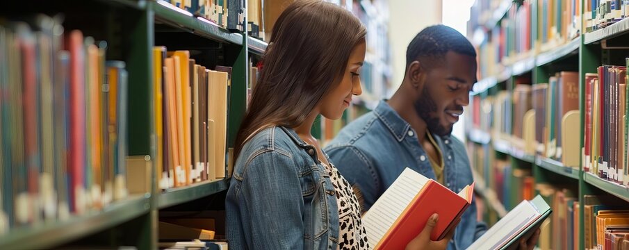 Couple in a library reading different books but leaning against the same shelf, separate but together