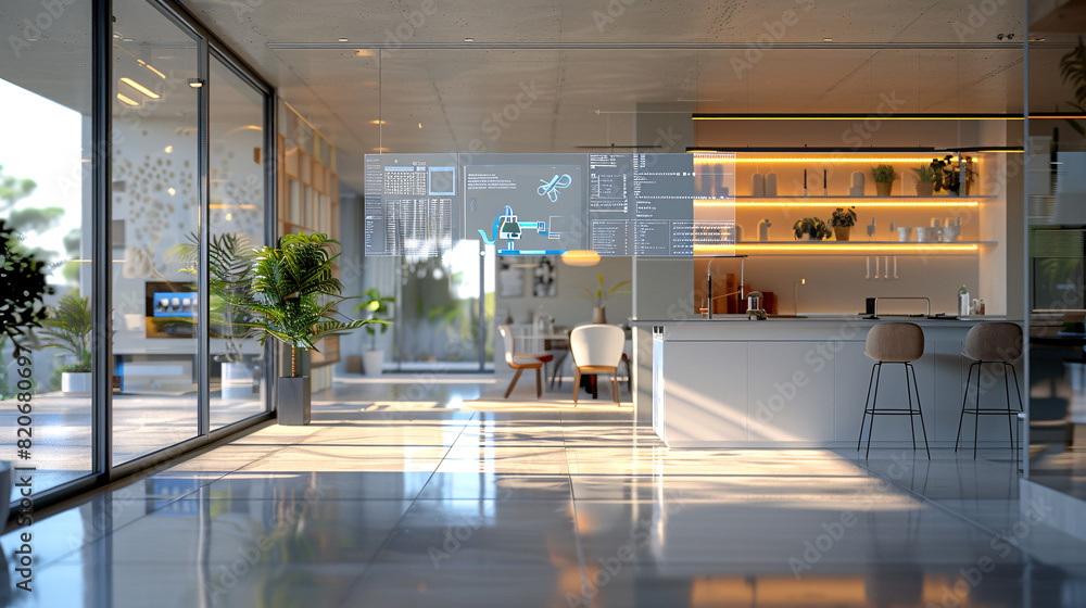 Poster a futuristic smart home entryway with ai-augmented reality interfaces for security and home manageme
