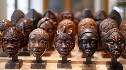 Fototapeta premium A collection of African chocolate masks. The masks are hand-carved and have intricate designs.