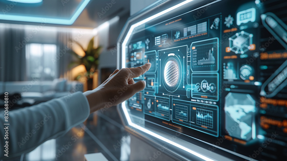 Poster a futuristic smart home entryway with ai-augmented reality interfaces for security and home manageme