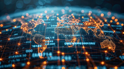 Digital world map. Global network and connectivity, data transfer and cyber technology. Business exchange, information and telecommunication