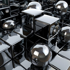 3D silver balls on a background of 3D black cubes. Creative, geometric design of interior, facade, exhibition space for presentations, sales. Business idea for decorating a building or studio. Modern,