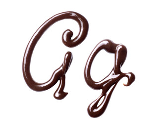 Large and small Letter G of the Latin alphabet made of melted chocolate, isolated on a white...