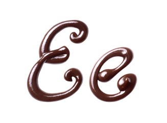 Large and small Letter E of the Latin alphabet made of melted chocolate, isolated on a white...