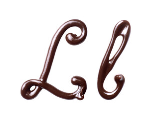 Large and small Letter L of the Latin alphabet made of melted chocolate, isolated on a white...