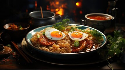 Delicious ramen noodles with egg topping on top, blur background