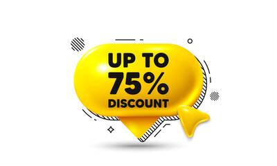Click here speech bubble 3d icon. Up to 75 percent discount. Sale offer price sign. Special offer symbol. Save 75 percentages. Discount tag chat offer. Speech bubble banner. Text box balloon. Vector