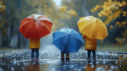The children loved playing outside on rainy days with their bright, colorful umbrellas. Generative AI.
