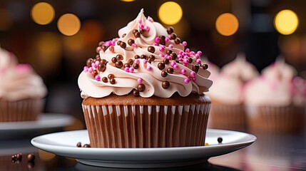 Delicious sweet cupcake with chocolate and cream topping, blur background