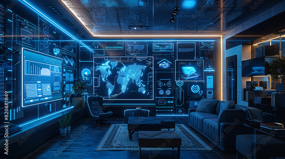 Poster a futuristic smart home entryway with ai-augmented reality interfaces for security and home manageme