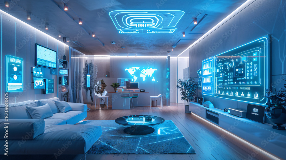 Poster a futuristic smart home entryway with ai-augmented reality interfaces for security and home manageme