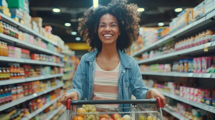 A happy woman with curly hair enjoys grocery shopping in a brightly lit supermarket aisle. She smiles as she pushes a cart filled with fresh produce, embodying a cheerful and healthy lifestyle
