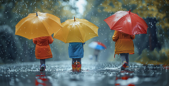 The children loved playing outside on rainy days with their bright, colorful umbrellas. Generative AI.
