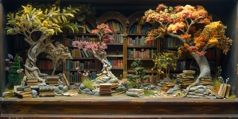 Fototapeta premium Fantastical miniature diorama with trees and books