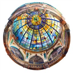 Watercolor painting of a breathtaking stained glass dome crowning a grand ballroom, with intricate geometric, on isolated white background, Generative AI